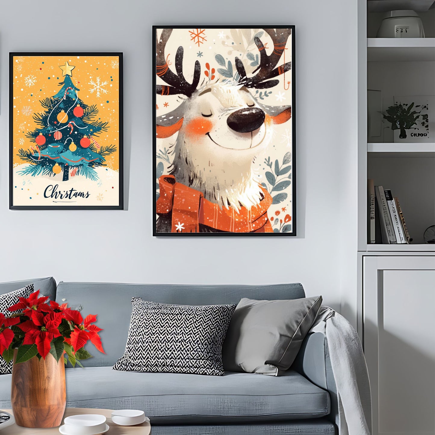 Dette hjertevarme illustrasjonsmotivet av et smilende reinsdyr, dekorert med vinterlig løv og en varm, rød skjerf, utstråler sjarme og koselig julestemning. Illustrasjon viser motivet som plakat i ramme.