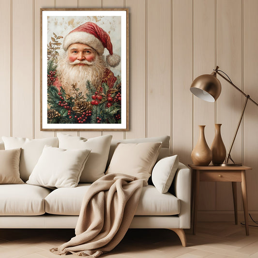 Dette motivet fremhever den ikoniske figuren vi alle elsker – julenissen – i varme, innbydende toner og med detaljerte omgivelser av julegrønt og bær. Illustrasjon viser motivet som plakat med hvit kant i lys ramme.