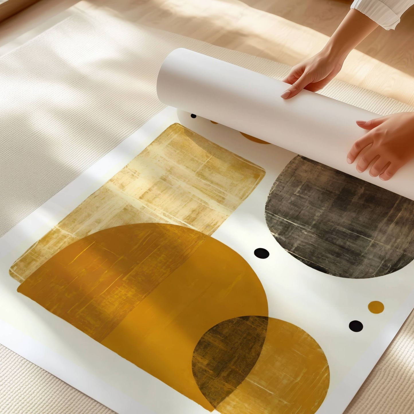 Golden Balance – en abstrakt kunstplakat og lerretstrykk med en harmonisk komposisjon av former og teksturer. Illustrasjon viser motivet på print.
