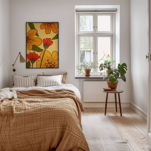 Golden Bloom – en fargerik og retro-inspirert plakat som kombinerer varme gultoner med dype rødnyanser og frodige grønne blader. Illustrasjon viser plakaet uten hvit kant i sort ramme.