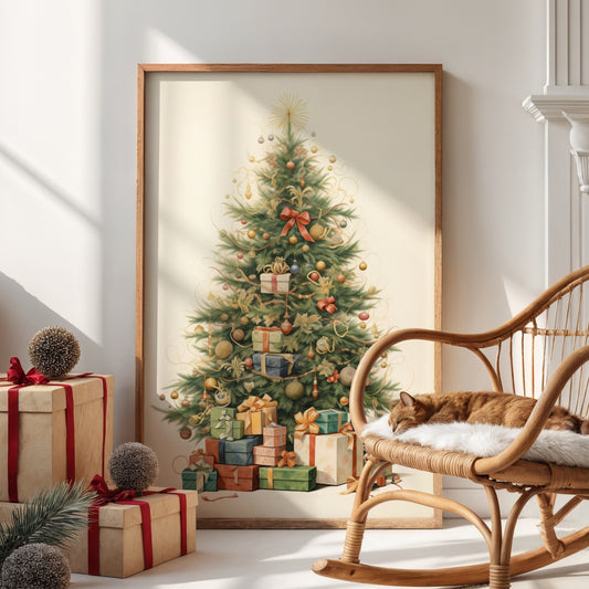 En lys og elegant tolkning av juletreet i duse, gyldne nyanser – varm, stilfull og klassisk på samme tid. Illustrasjon viser plakat uten hvit kantlinje i ramme.