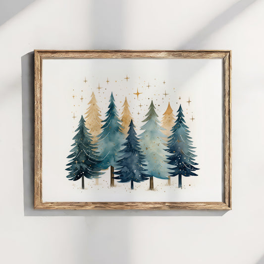 En samling vinterskog i dype blå og gyldne toner, badet i et mykt stjerneskinn. Illustrasjon viser plakat i ramme.