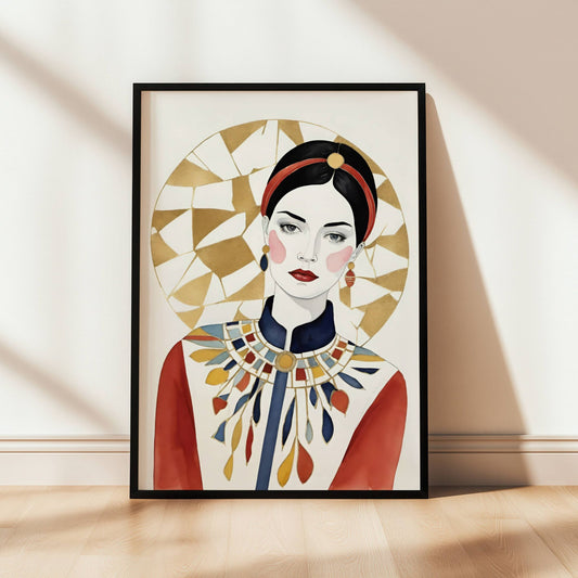 Plakaten viser en stilisert kvinneportrett med subtile håndmalte detaljer, varme røde og blåtoner, samt gullaksenter som gir et eksklusivt preg. Illustrasjon viser plakat i sort ramme.