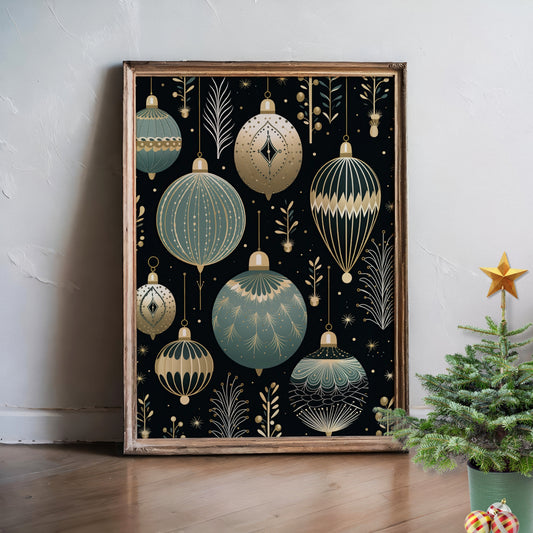Et elegant mønster av gull og sjøgrønne julekuler mot mørk bakgrunn. Illustrasjon viser plakat uten hvit kantlinje i ramme.