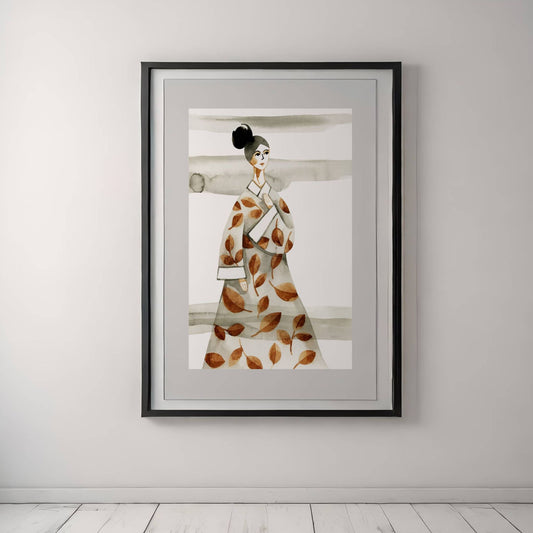 Grace in Leaves – akvarellplakat i japansk stil er en rolig og uttrykksfull illustrasjon som hyller naturens former og tidløs eleganse. illustrasjon viser plakat i sort ramme.