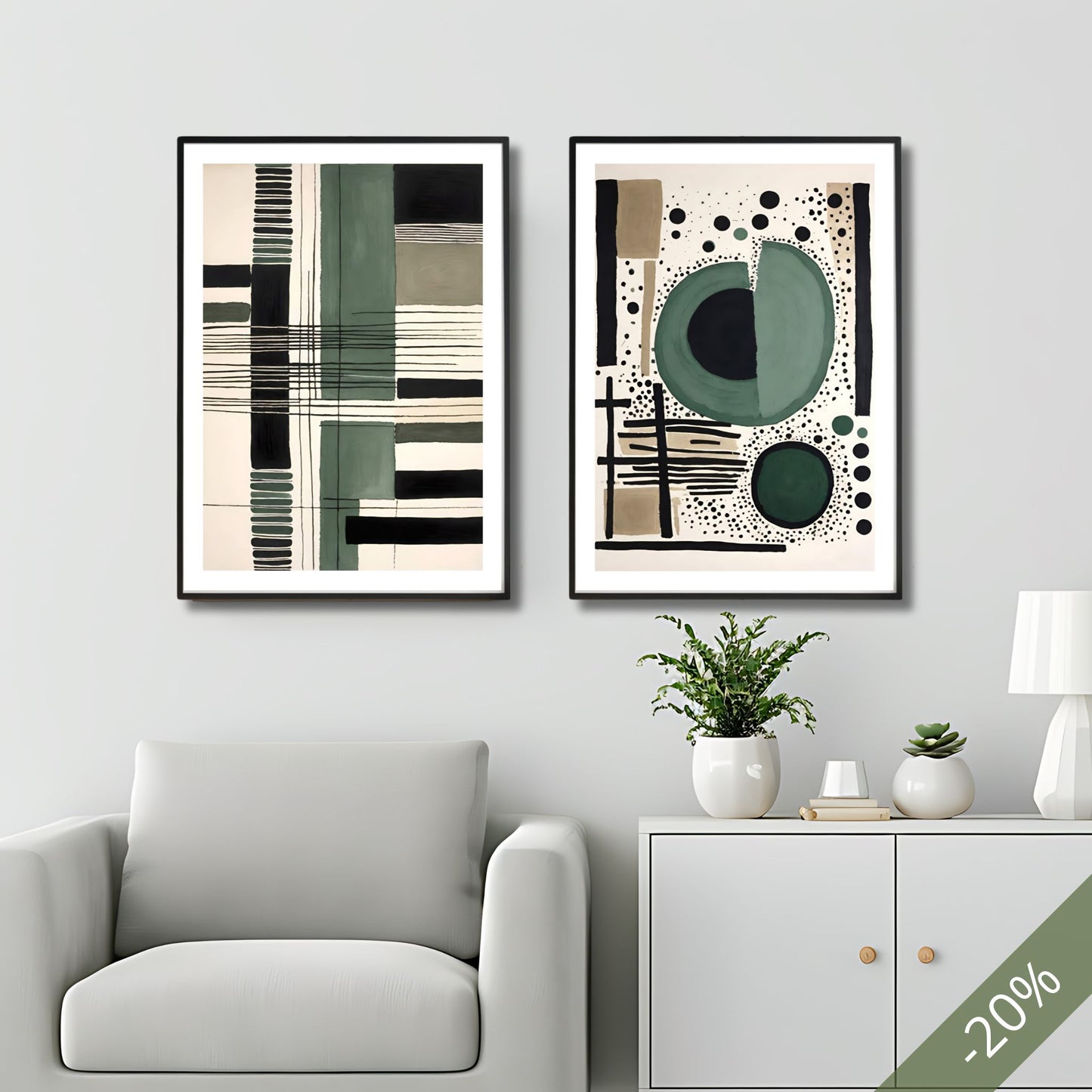 Disse unike kunstverkene kombinerer geometriske former og myke akvarellfarger i en balansert og fengslende komposisjon. Illustrasjonsfoto viser Grafisk Komposisjon Abstrakt Akvarell Duo som plakater i sort ramme.