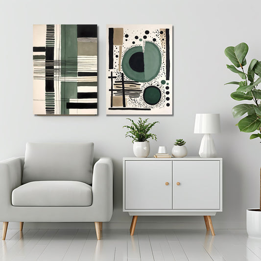 Disse unike kunstverkene kombinerer geometriske former og myke akvarellfarger i en balansert og fengslende komposisjon. Illustrasjonsfoto viser Grafisk Komposisjon Abstrakt Akvarell Duo som lerret.