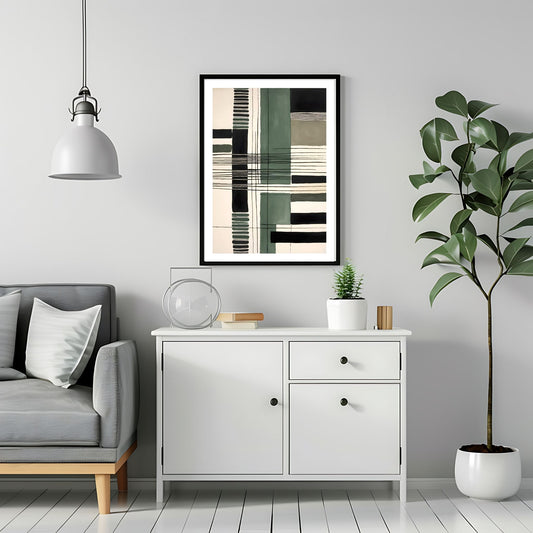 Dette kunstverket kombinerer rene linjer og geometriske former i en harmonisk komposisjon med myke akvarellfarger. Illustrasjonsfooto viser motivet som plakat i sort ramme.