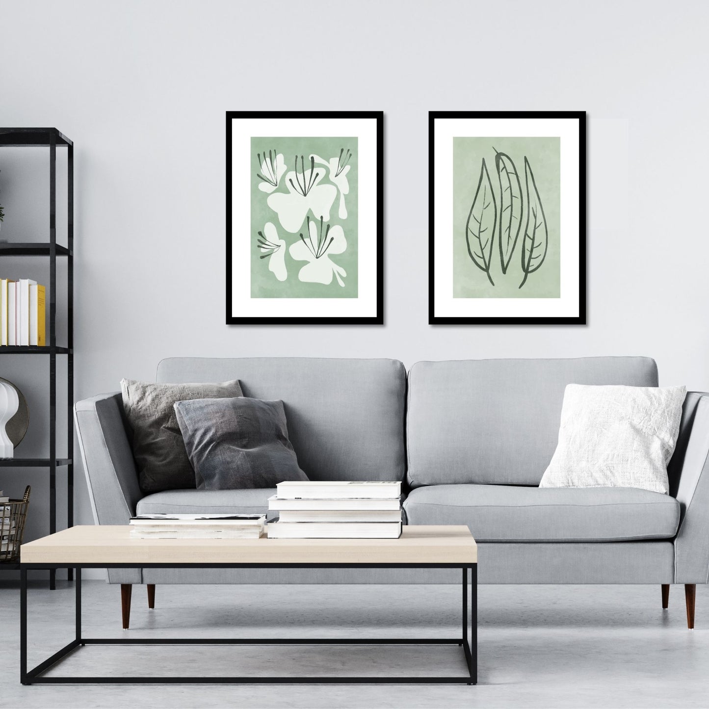 Green Abstract plakat. Med sine beroligende grønne toner og sofistikerte design, tilfører denne plakaten en følelse av ro og harmoni til ethvert rom. Illustrasjonen viser plakat No11 og No12 i sort ramme på en vegg over en sofa.