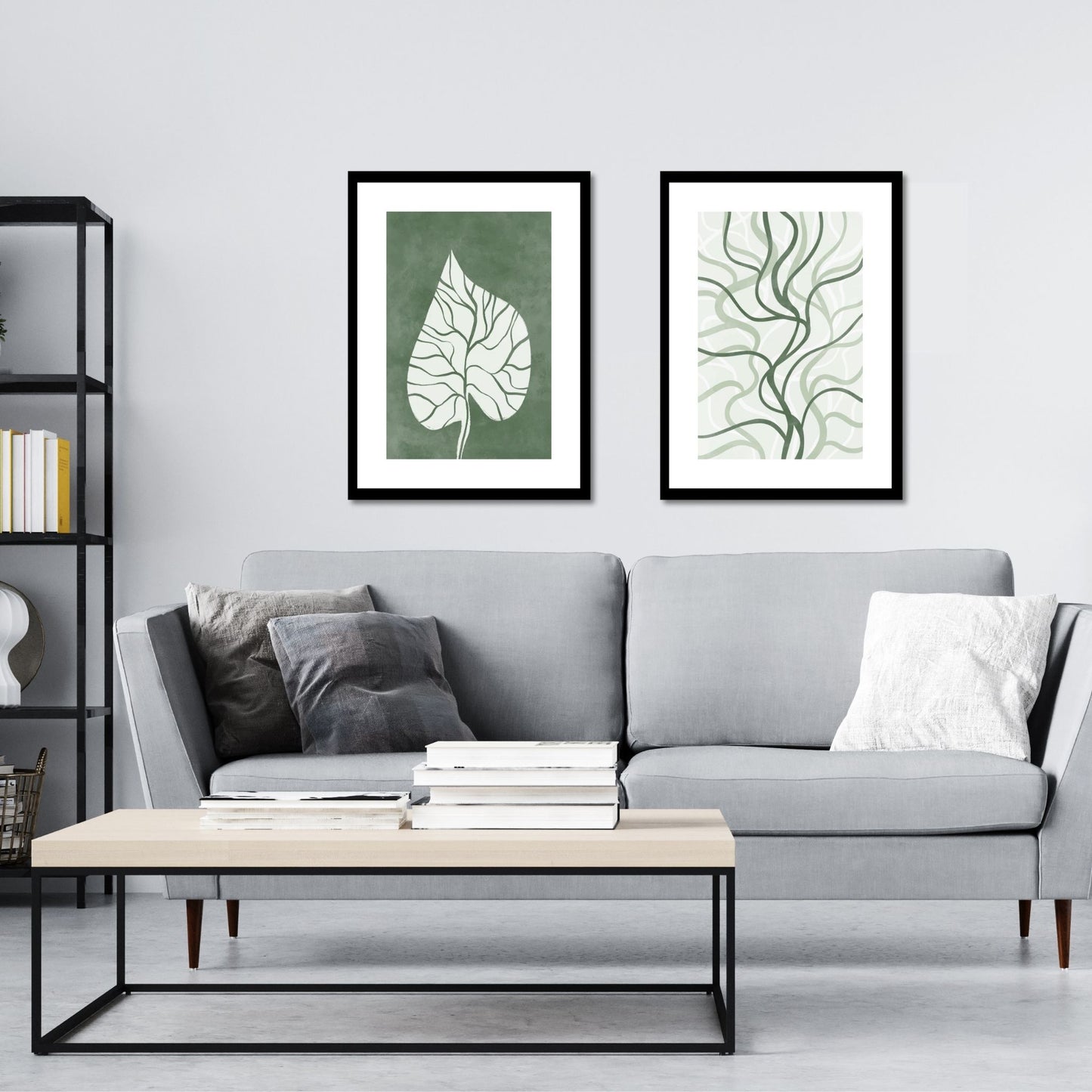 Green Abstract plakat. Med sine beroligende grønne toner og sofistikerte design, tilfører denne plakaten en følelse av ro og harmoni til ethvert rom. Illustrasjonen viser plakat No15 og No16 i sort ramme på en vegg over en sofa.