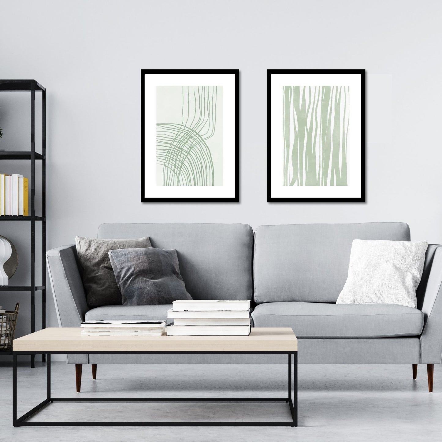 Green Abstract plakat. Med sine beroligende grønne toner og sofistikerte design, tilfører denne plakaten en følelse av ro og harmoni til ethvert rom. Illustrasjonen viser plakat No19 og No20 i sort ramme på en vegg over en sofa.