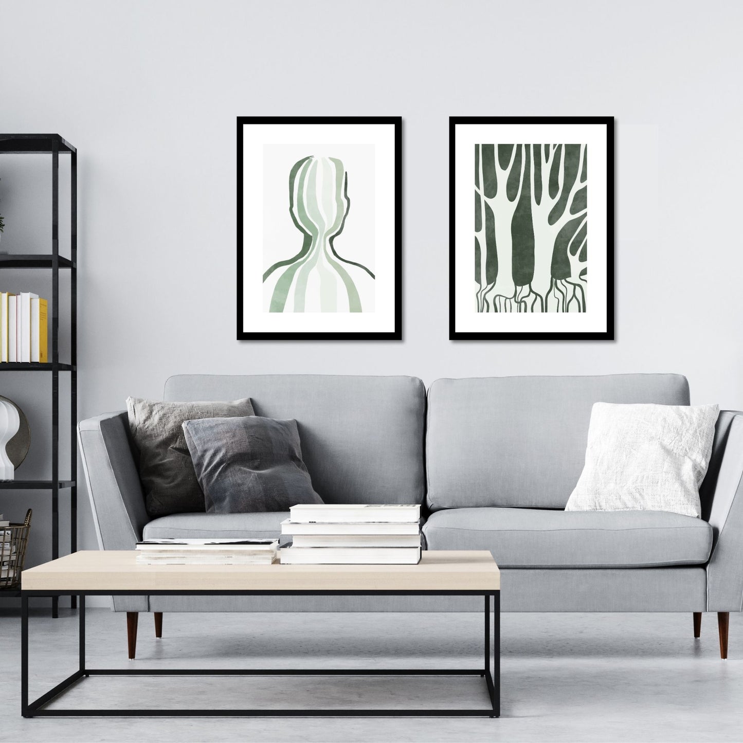 Green Abstract plakat. Med sine beroligende grønne toner og sofistikerte design, tilfører denne plakaten en følelse av ro og harmoni til ethvert rom. Illustrasjonen viser plakat No5 og No6 i sort ramme på en vegg over en sofa.