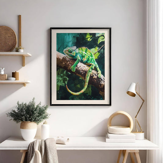 Den detaljerte illustrasjonen av den grønne kameleonen, perfekt plassert i sitt naturlige habitat, skaper en spennende og harmonisk stemning på veggen. Illustrasjon viser plakat med hvit kant i ramme.