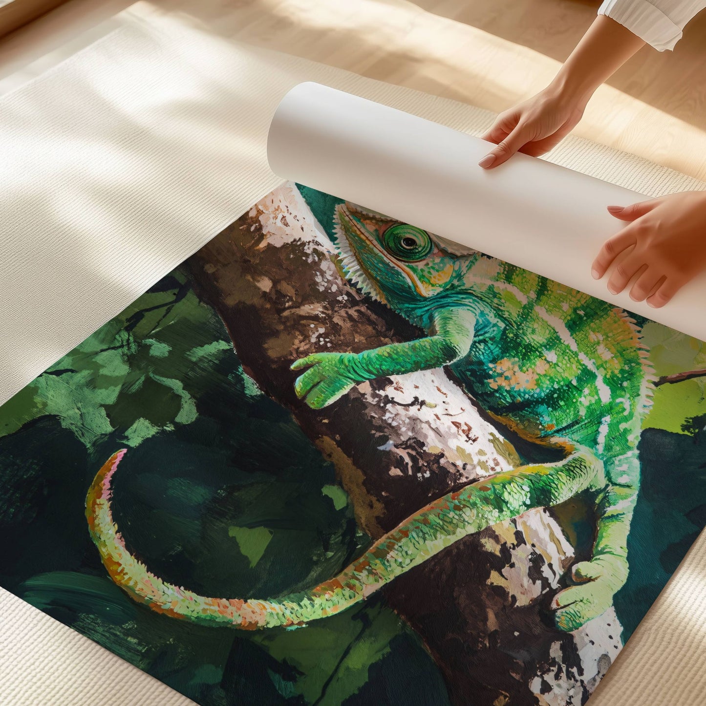 Den detaljerte illustrasjonen av den grønne kameleonen, perfekt plassert i sitt naturlige habitat, skaper en spennende og harmonisk stemning på veggen. Illustrasjon viser plakat på print.