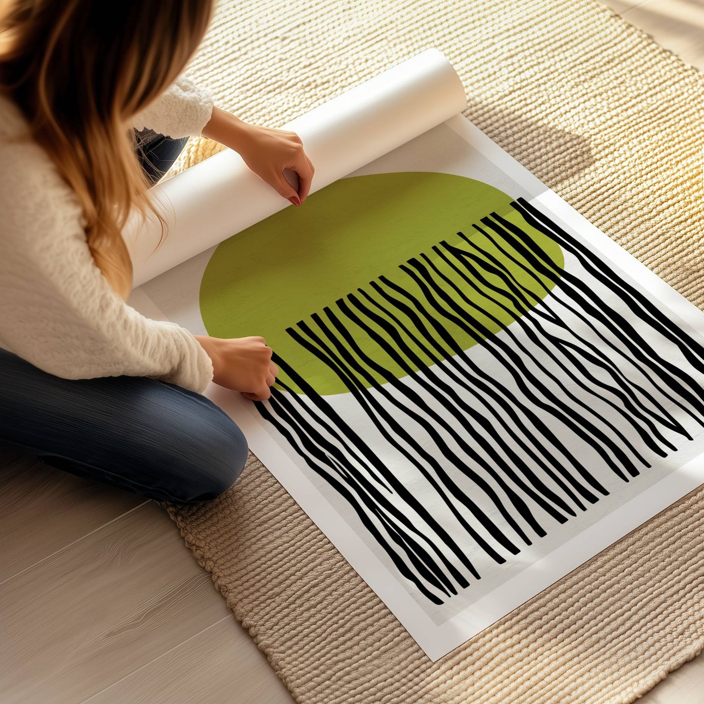 Green Sun – mid-century moderne plakat er en stilren og kunstnerisk tolkning av sol, skygge og rytme. Illustrasjon viser plakat på print.