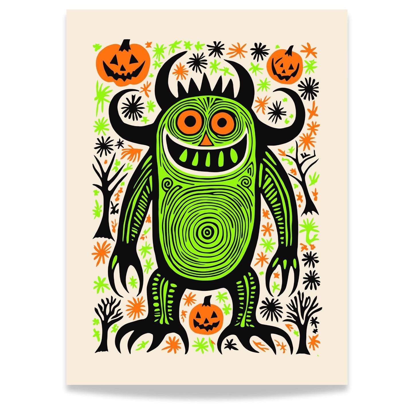 Grønt Monster Plakat! Fargerik Halloween-plakat som viser et stort, grønt monster med skarpe tenner, omringet av gresskar og fargerike detaljer.