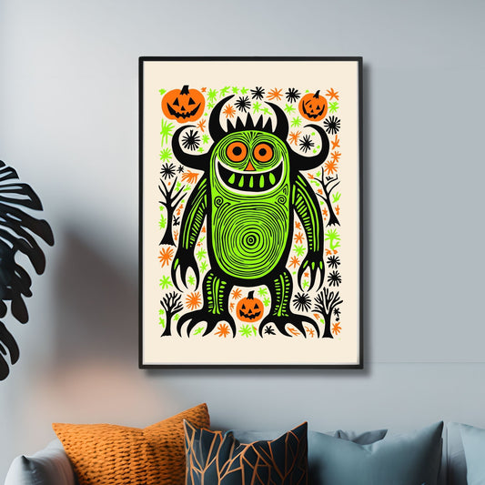 Grønt Monster Plakat! Fargerik Halloween-plakat som viser et stort, grønt monster med skarpe tenner, omringet av gresskar og fargerike detaljer. illustrasjonsfot viser plakaet i sort ramme.