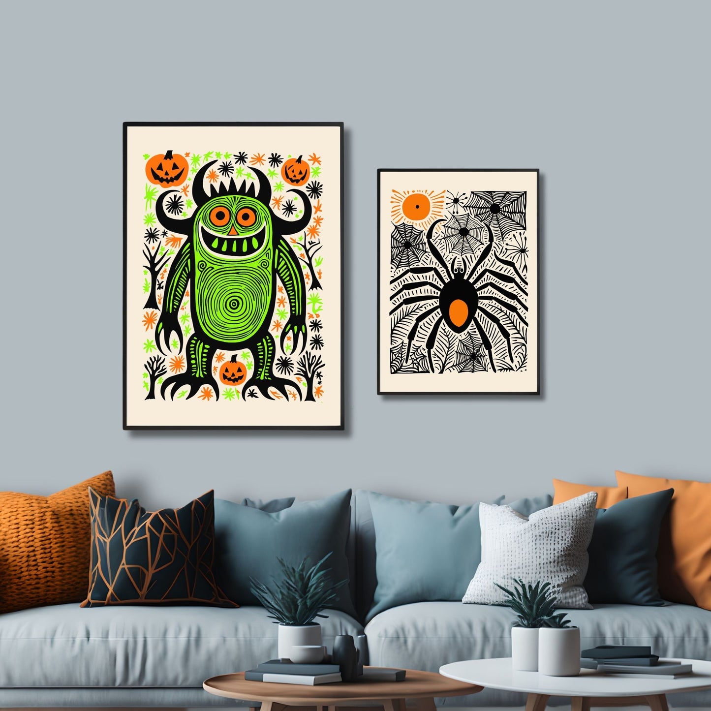 Grønt Monster Plakat! Fargerik Halloween-plakat som viser et stort, grønt monster med skarpe tenner, omringet av gresskar og fargerike detaljer. illustrasjonsfot viser plakaet i sort ramme.