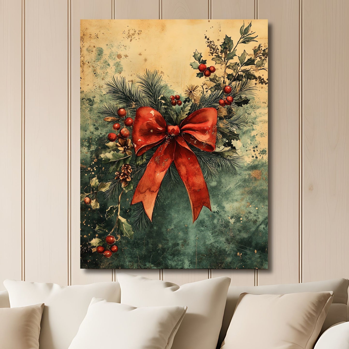 Dette motivet viser en detaljert julepynt i form av en stjerne med grønne og gyldne nyanser, omgitt av en rustikk bakgrunn. Illustrasjon viser motivet på lerret.