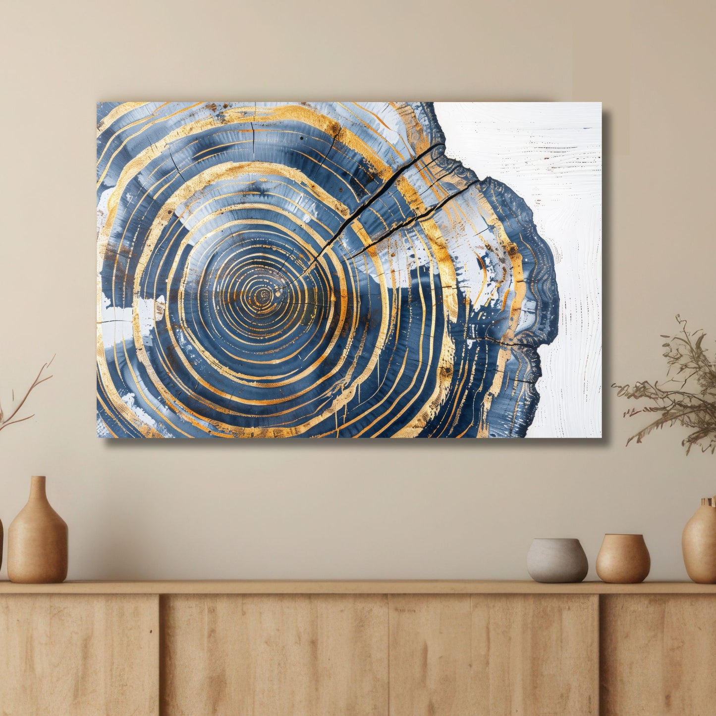 Dette unike kunstverket fanger essensen av naturens mønstre, med konsentriske sirkler inspirert av treets årringer, kombinert med stilige gull- og blåtoner. Illustrasjon viser motivet på lerret.