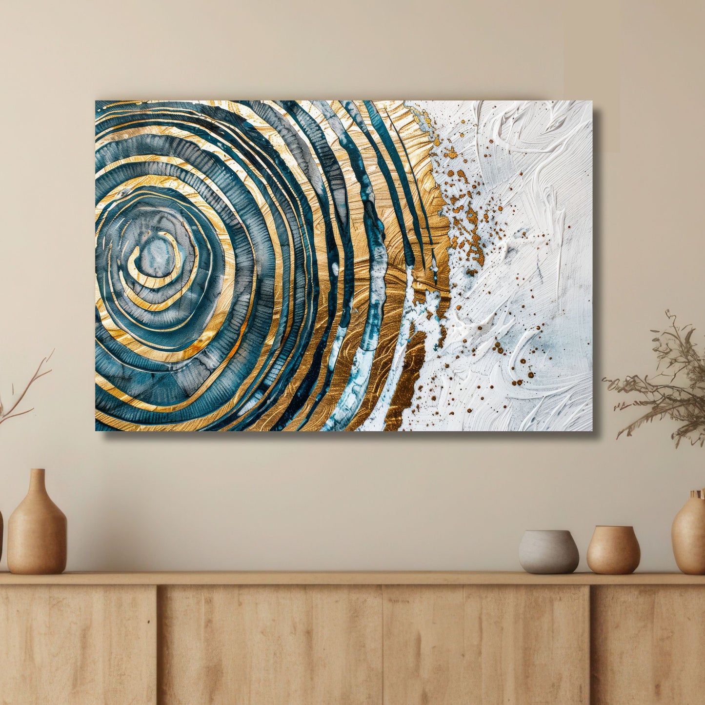 Dette unike kunstverket fanger essensen av naturens mønstre, med konsentriske sirkler inspirert av treets årringer, kombinert med stilige gull- og blåtoner. Illustrasjon viser motivet på lerret.