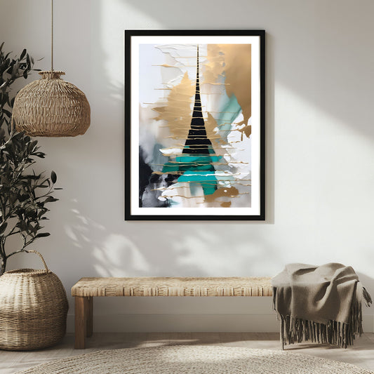 Dette abstrakte motivet, preget av gyldne detaljer og harmoniske fargetoner i svart, hvitt og turkis, er perfekt for å skape et sofistikert uttrykk i ethvert rom. Illustrasjon viser motivet som plakat med hvit kant i sort ramme.