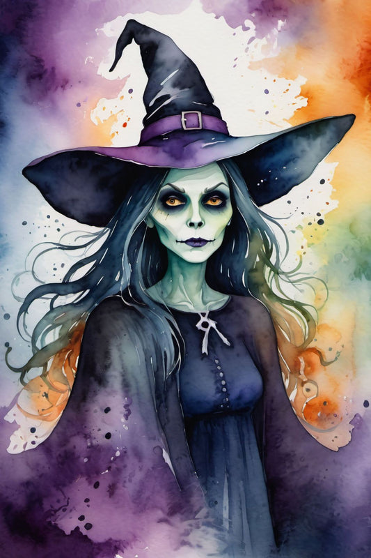 Halloweenkort laget i akvarellstil med en magisk balanse mellom det skumle og det vakre, inspirert av høstens mørke fargetoner og ikoniske Halloween-symboler.