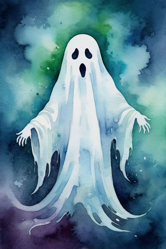 Halloweenkort laget i akvarellstil med en magisk balanse mellom det skumle og det vakre, inspirert av høstens mørke fargetoner og ikoniske Halloween-symboler.