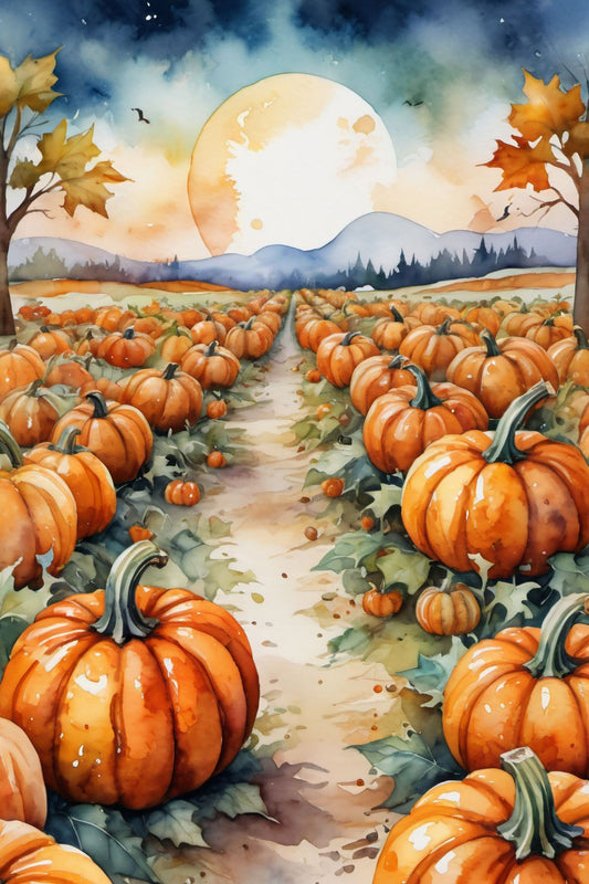 Halloweenkort laget i akvarellstil med en magisk balanse mellom det skumle og det vakre, inspirert av høstens mørke fargetoner og ikoniske Halloween-symboler.