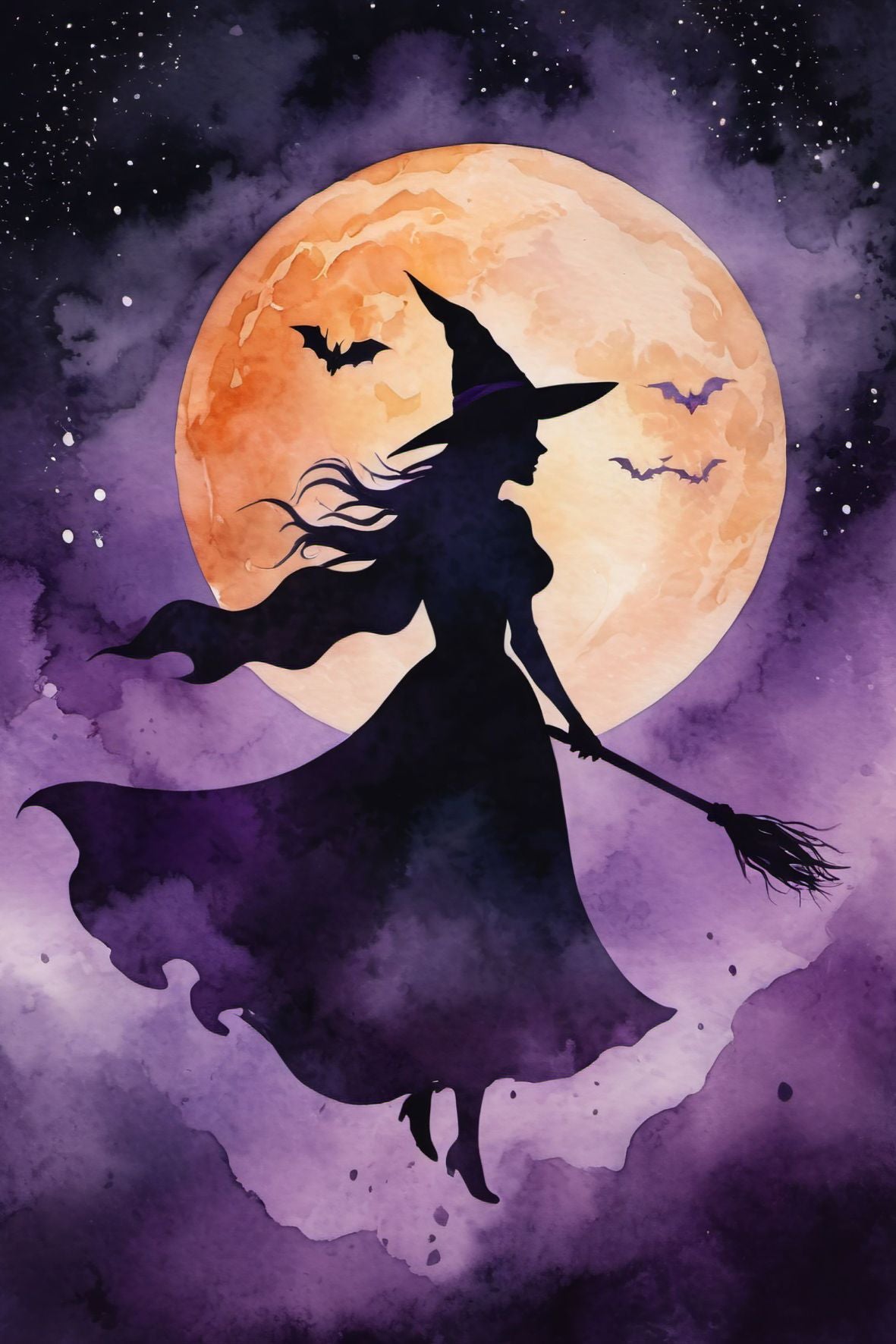 Halloweenkort laget i akvarellstil med en magisk balanse mellom det skumle og det vakre, inspirert av høstens mørke fargetoner og ikoniske Halloween-symboler.