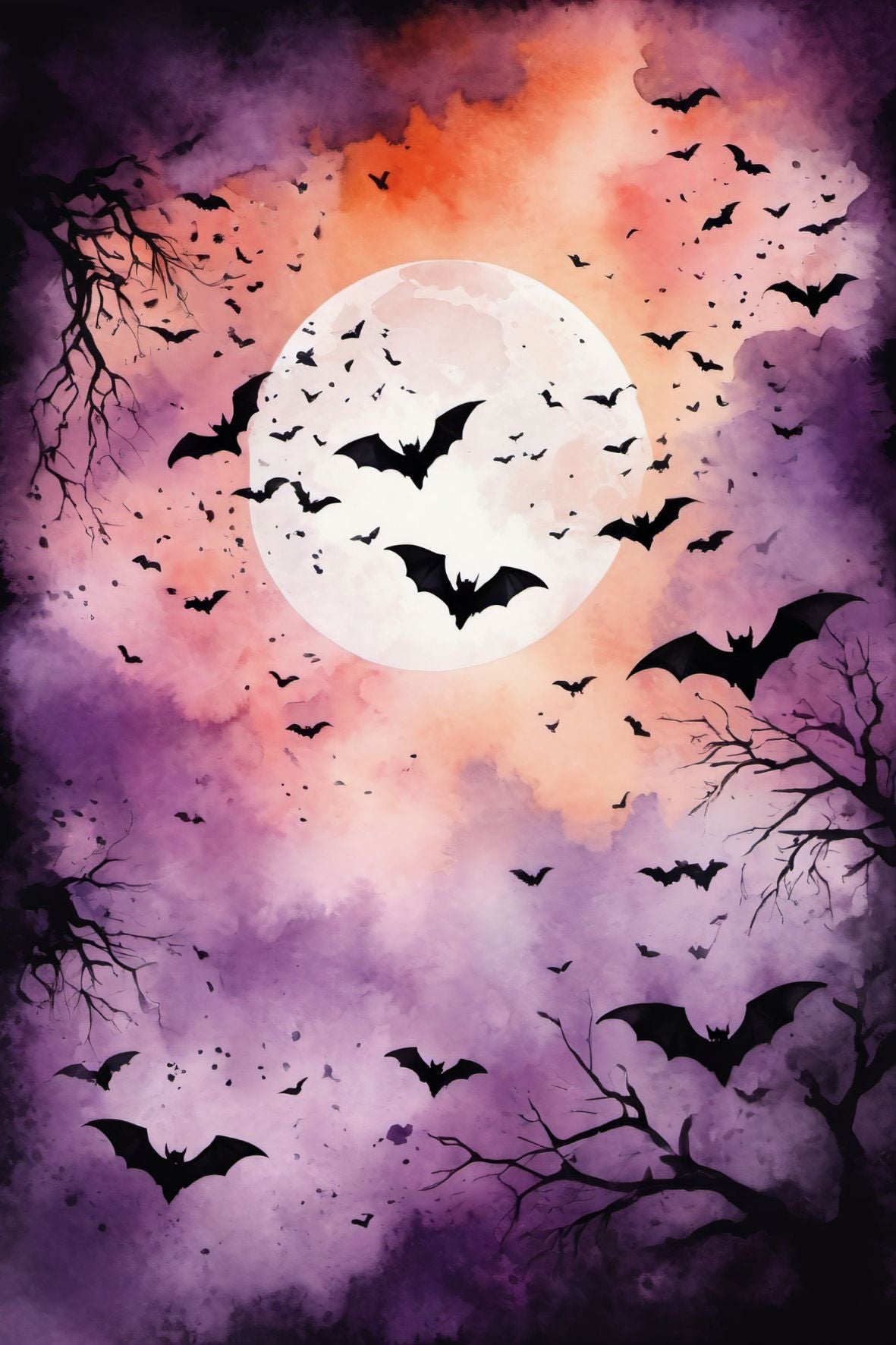 Halloweenkort laget i akvarellstil med en magisk balanse mellom det skumle og det vakre, inspirert av høstens mørke fargetoner og ikoniske Halloween-symboler.