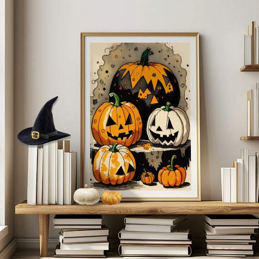 Få frem Halloween-ånden med Jack-O'-Lantern Party, en fargerik Halloween-plakat fylt med festlige gresskar i ulike former og uttrykk. Illustrasjon viser plakat i eik ramme.