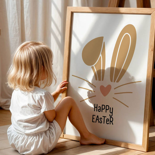 Happy Easter plakat, en hjertevarmende grafisk illustrasjon som vil spre glede og påskestemning. Illustrasjon viser plakat uten hvit kant i eik ramme.
