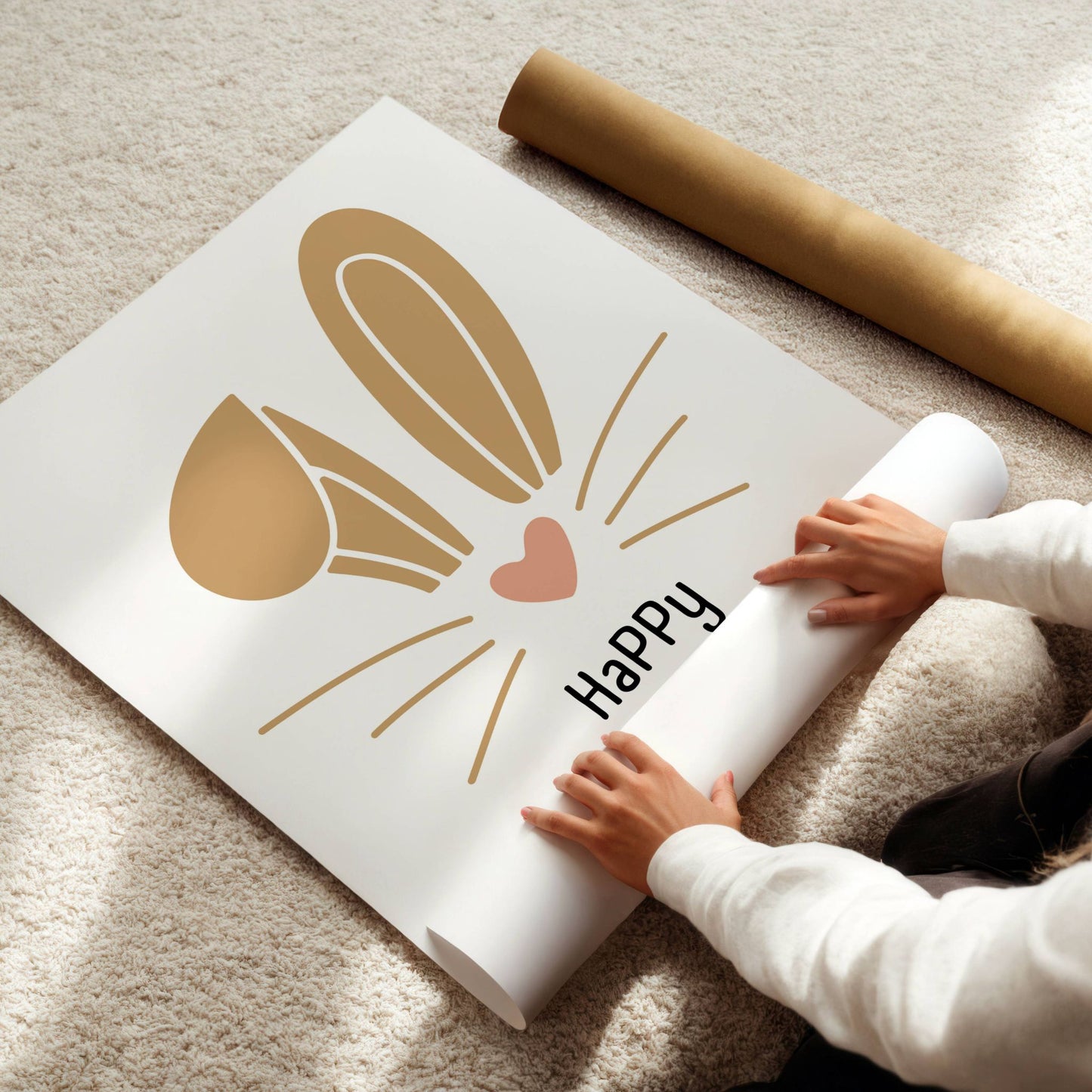 Happy Easter plakat, en hjertevarmende grafisk illustrasjon som vil spre glede og påskestemning. Illustrasjon viser plakat uten hvit kant på print.