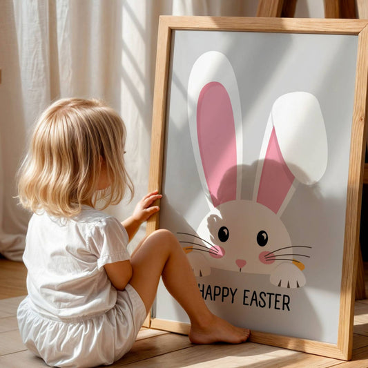 Møt påsken med et smil og et hjerte fylt av glede med vår herlige "Happy Easter" plakat. Illustrasjon viser plakat uten hvit kant i eik ramme.
