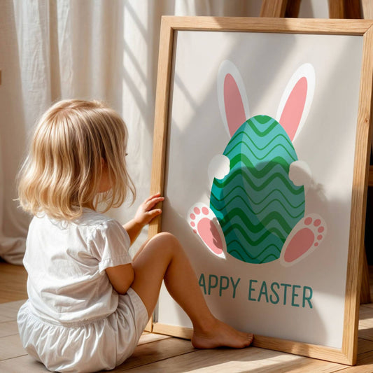 Gi hjemmet ditt et snev av påskeglede med denne nydelige plakaten, som viser en hvit påskehare med rosa kontraster, skjult bak et stort påskeegg med et livlig turkis sikksakk mønster. Illustrasjon viser plakat uten hvit kant i eik ramme.