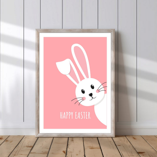 Denne grafiske illustrasjonen fanger øyeblikket med en søt hvit påskehare som titter frem med nysgjerrighet. Illustrasjonsbildete viser plakat i ramme som står på et gulv, støttet mot en vegg.