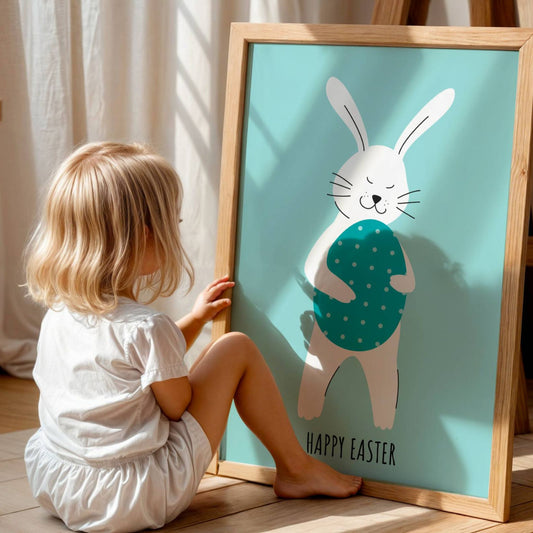 Denne vakre grafiske illustrasjonen fanger essensen av påsken med en leken hvit påskehare som bærer et stort påskeegg i en blendende mørk turkis farge, dekorert med hvite prikker. Illustrasjon viser plakat uten hvit kant i eik ramme.