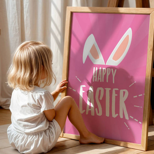 Denne delikate grafiske illustrasjonen viser to hvite påskehareører mot en myk mørk rosa bakgrunn, akkompagnert av den hjertevarme meldingen "Happy Easter" i hvit skrift. Illustrasjon viser plakat uten hvit kant i eik ramme.