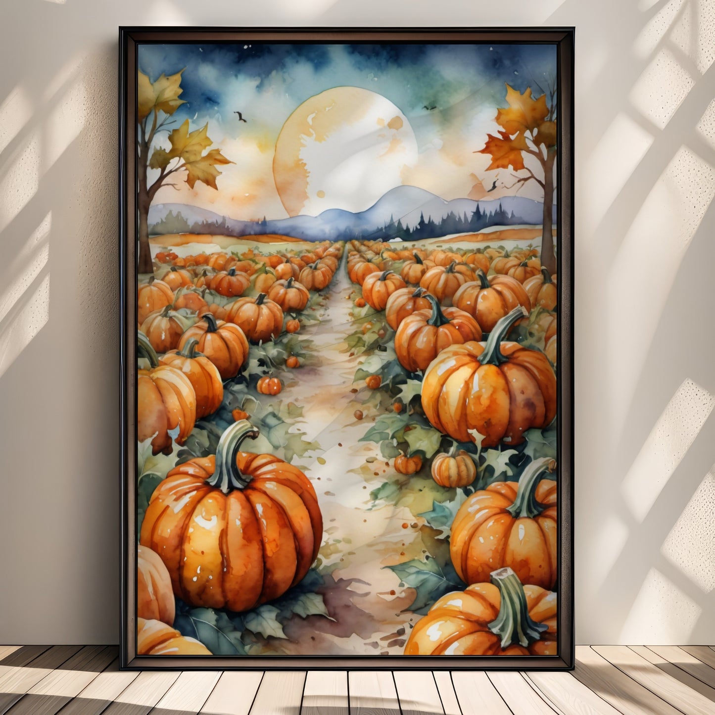 “Harvest Moon” fanger magien i høstnatten – en fullmåne som lyser over gresskaråkeren og får alt til å gløde i gyllent lys. Illustrasjon viser plakat uten hvit kant i sort ramme.