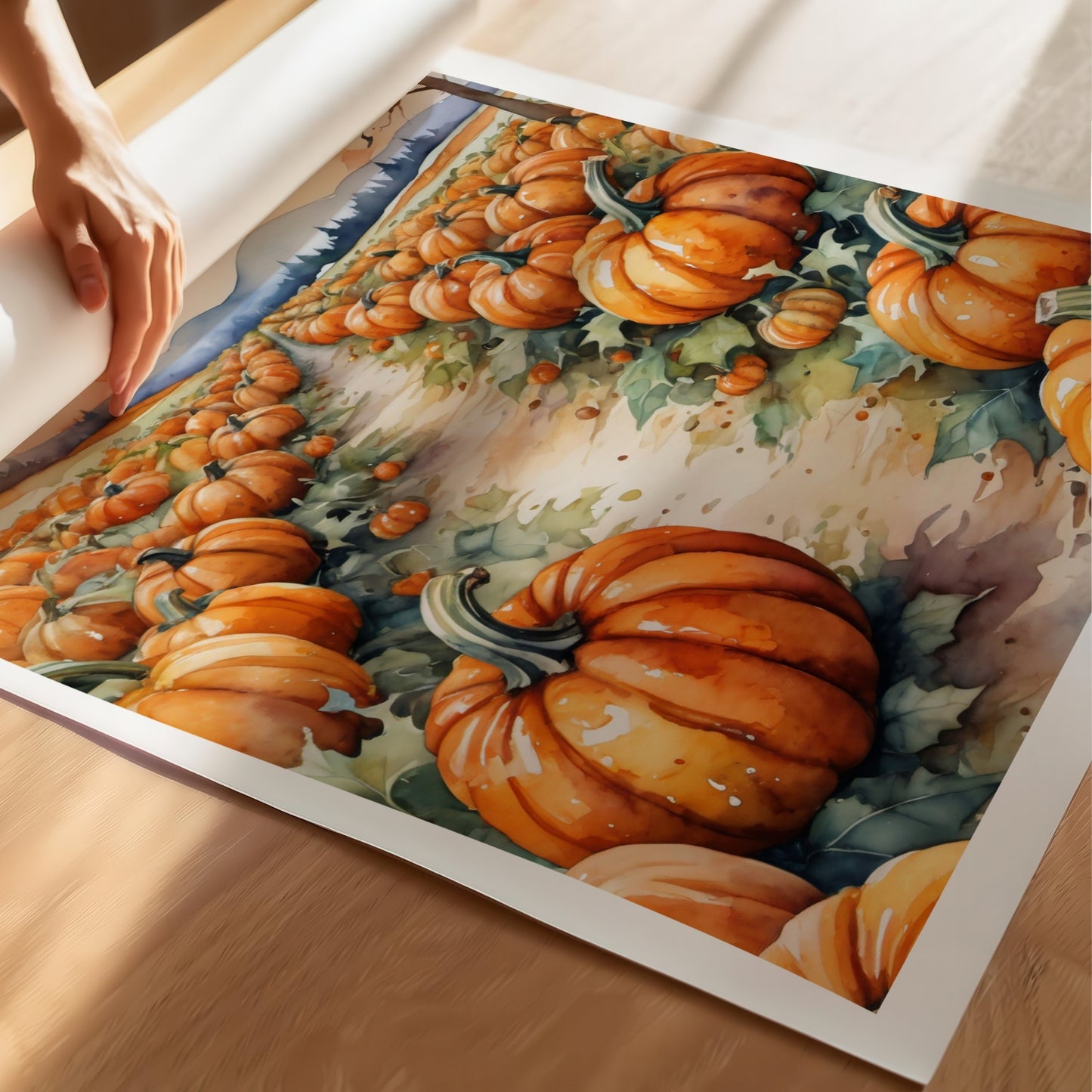 “Harvest Moon” fanger magien i høstnatten – en fullmåne som lyser over gresskaråkeren og får alt til å gløde i gyllent lys. Illustrasjon viser plakat på print.