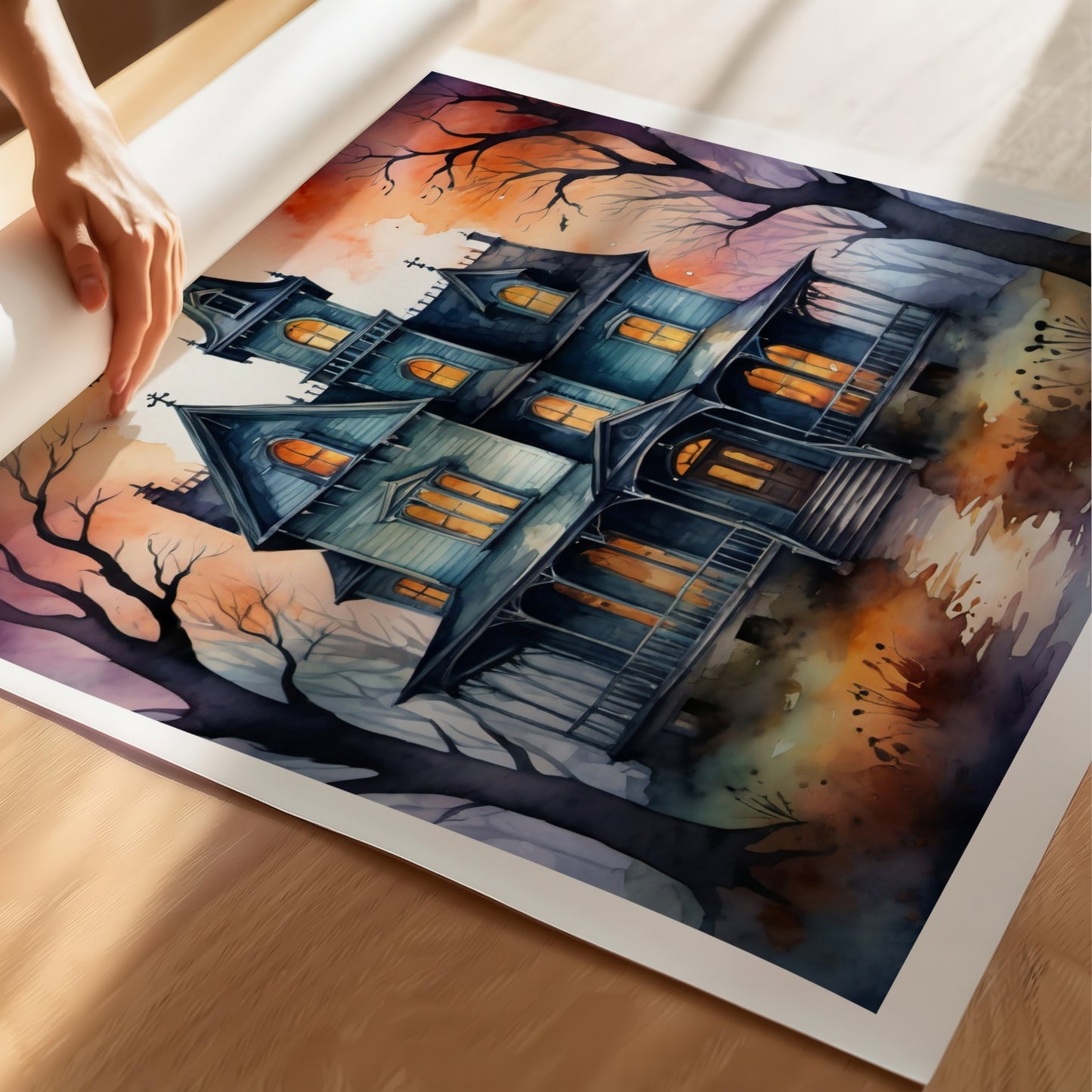 “Haunted Manor” viser et gotisk herskapshus i skumring, med varme lys i vinduene og nakne trær i silhuett. Illustrasjon viser plakat på print.