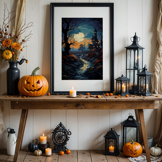 Creepy plakat med motiv av Halloween slott ved fullmåne. Illustrasjon viser plakat med passepartout i sort ramme.