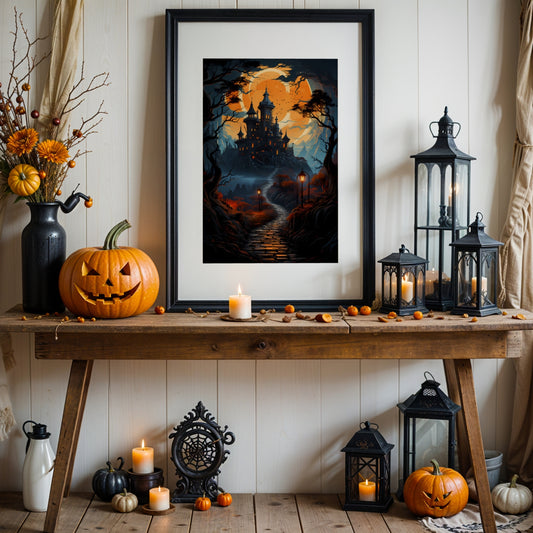 Creepy plakat med motiv av Halloween slott ved fullmåne. Illustrasjon viser plakat med passepartout i sort ramme.