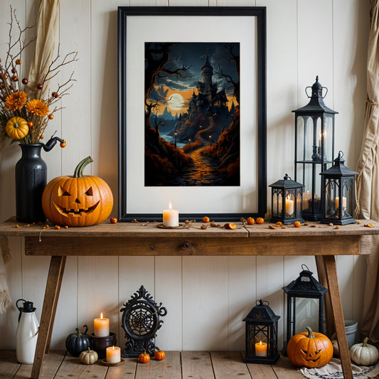 Creepy plakat med motiv av Halloween slott ved fullmåne. Illustrasjon viser plakat med passepartout i sort ramme.