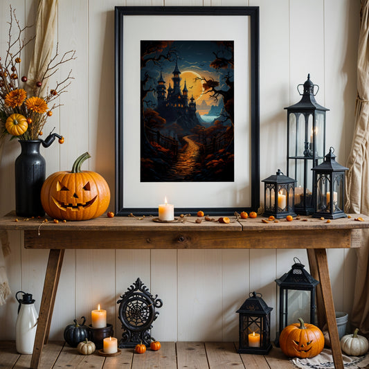 Creepy plakat med motiv av Halloween slott ved fullmåne. Illustrasjon viser plakat i sort ramme og passepartout.