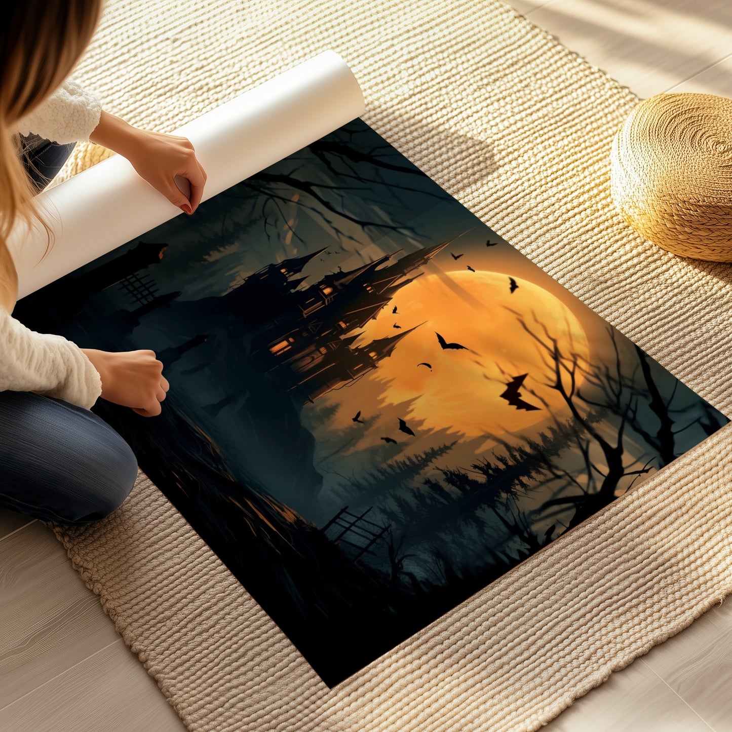 Creepy plakat med motiv av Halloween slott ved fullmåne. Motivet viser nattmørke og lys i vinduene. Illustrasjon viser plakten på print.