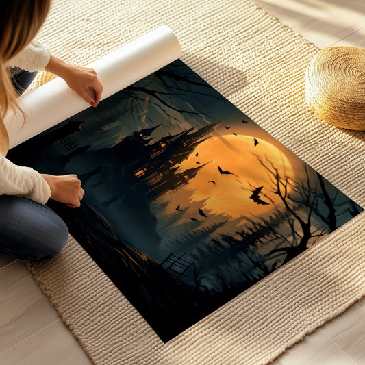 Creepy plakat med motiv av Halloween slott ved fullmåne. Motivet viser nattmørke og lys i vinduene. Illustrasjon viser plakten på print.