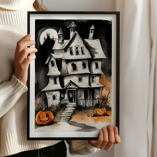 Legg til en dose grøss og spenning i din Halloween-dekorasjon med Haunted Mansion, en Halloween-plakat som fremhever et skremmende, gammelt herskapshus omgitt av Jack-O'-Lanterns og en mystisk måneskinnsnatt. Illustrasjon viser plakat i sort ramme.