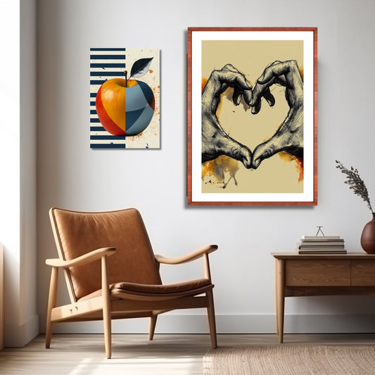 Plakat illustrasjon, skapt med kulltegning av to hender som danner en hjerteform, formidler dypet av ekte kjærlighet og omsorg. Illustrasjonen viser plakat i eike ramme